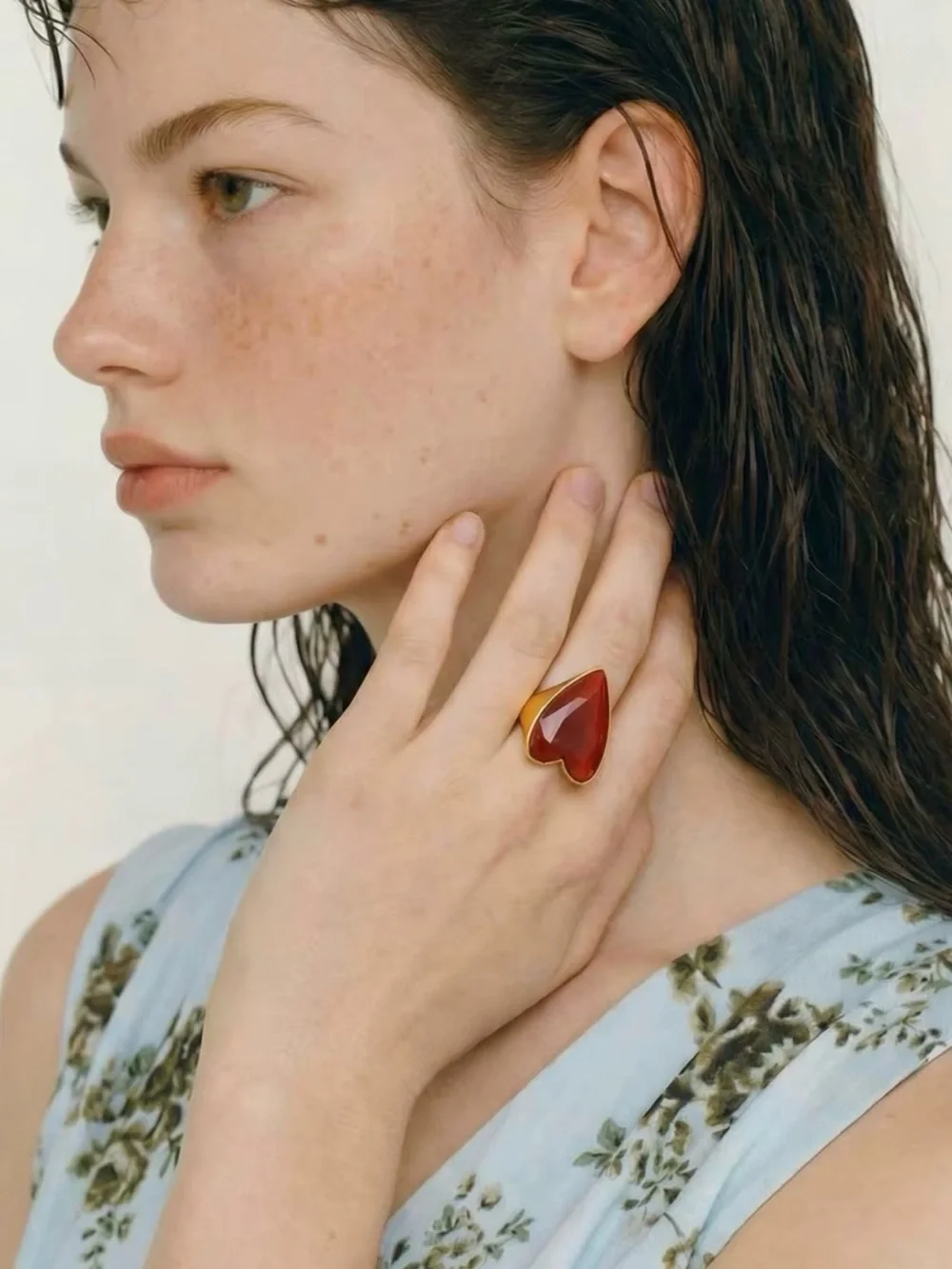 Gold-Tone Heart Cocktail Ring with Red Stone